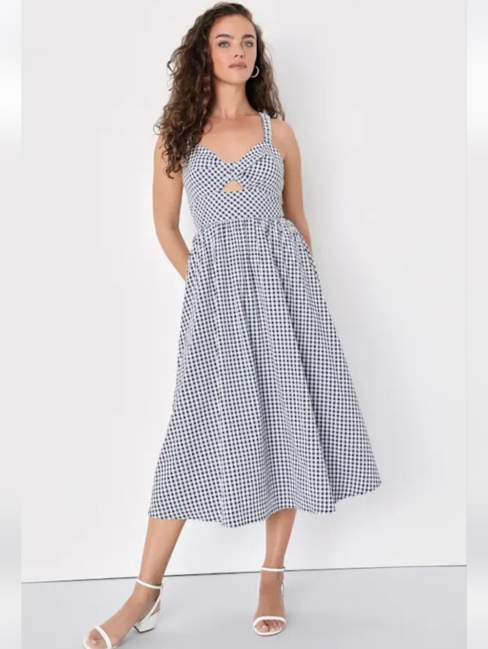 New Lulu's Navy & White Gingham City Strolls Midi Dress